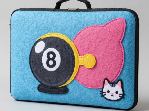 Felt Laptop Case with Playful 8-Ball and Cat Design