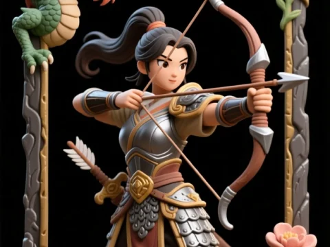 Female Archer Knight with Dragon and Floral Frame