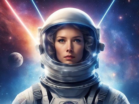 Female Astronaut in Space with Cosmic Background