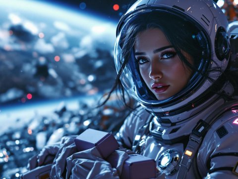 Female Astronaut in Space with Detailed Suit