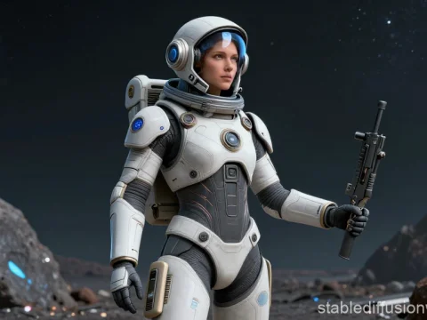 Female Astronaut Standing on an Asteroid with Futuristic Weapon