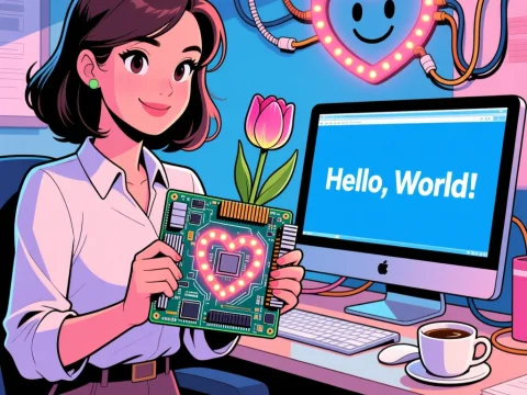 Female Computerist Holding Heart-Illuminated Motherboard