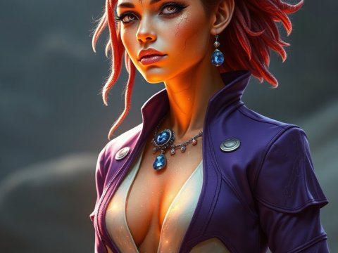 Female Earth Genasi with Fiery Red Hair and Blue Gemstones