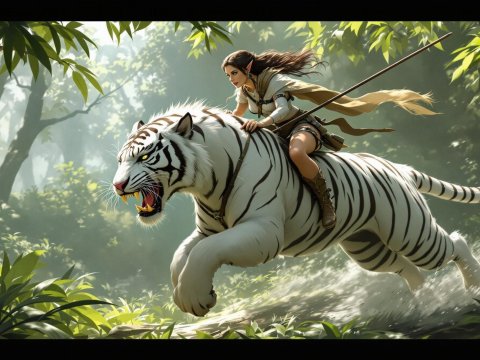Female Elf Hunter Riding a White Tiger Through the Forest