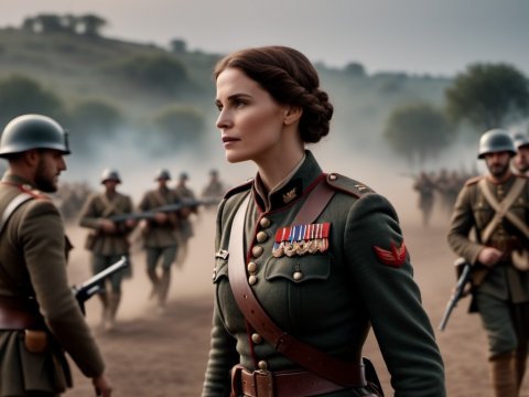 Female Military Officer Leading Troops in Historical Battlefield