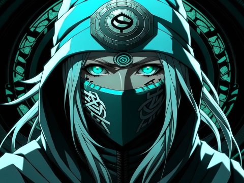 Female Shinobi with Oni Mask and Glowing Eyes