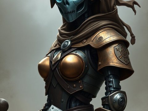 Female Warforged Robotic Pirate in Armor with Glowing Eyes