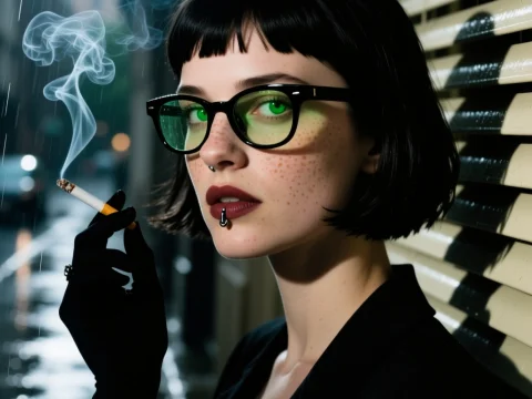 Feminine Portrait with Black Hair and Green Glasses Smoking