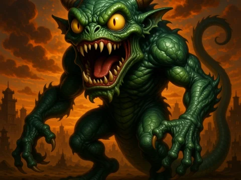 Ferocious Green Demon Monster in Apocalyptic Cityscape