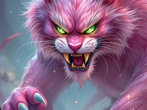 Ferocious Muscular Pink Cat with Glowing Green Eyes