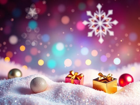 Festive Christmas Scene with Gifts and Ornaments in Snow