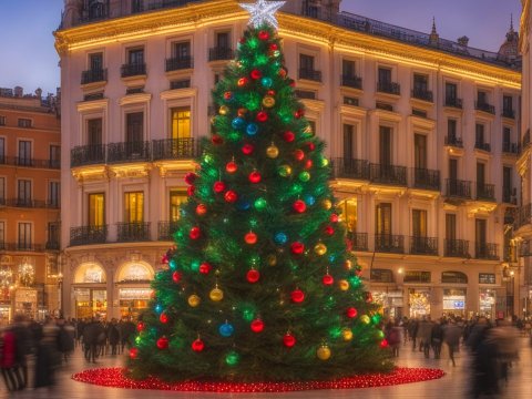 Festive Christmas Tree in a Bustling City Plaza at Dusk