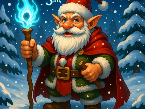 Festive Gnome Wizard in Snowy Winter Forest