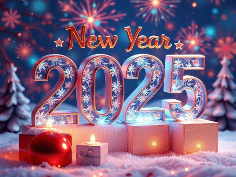 Festive New Year 2025 Celebration with Snow and Lights