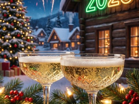 Festive New Year 2026 Celebration with Champagne and Fireworks