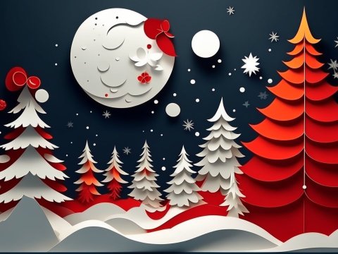 Festive Papercut Christmas Landscape with Moon and Trees