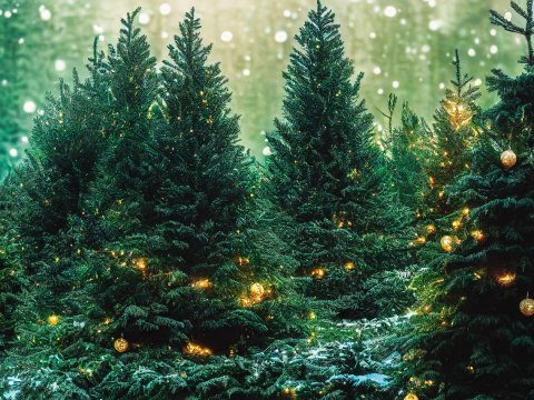 Festive Pine Trees with Glowing Lights in Winter