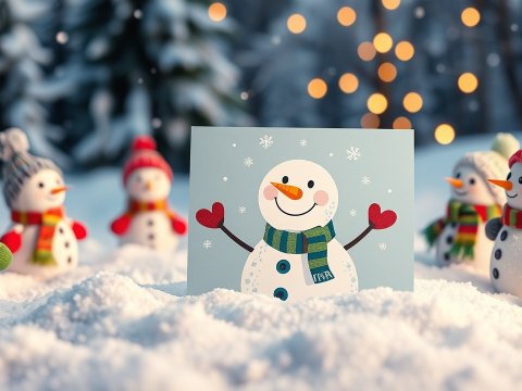 Festive Snowman Christmas Card with Plush Snowmen in Snow