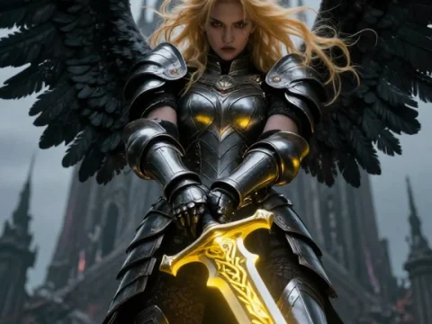 Fierce Angel Warrior with Glowing Sword