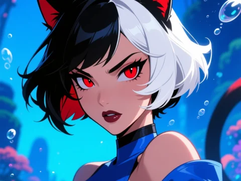 Fierce Anime Woman with Cat Ears and Red Eyes