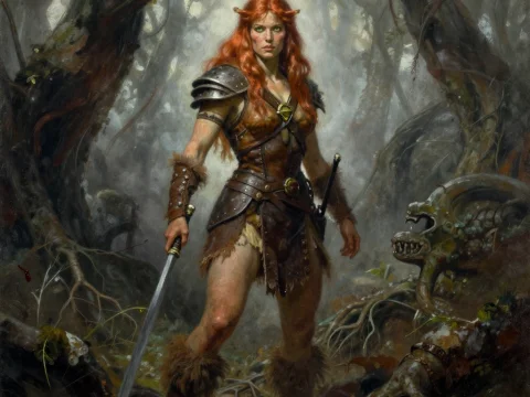 Fierce Barbarian Warrior in Misty Enchanted Forest