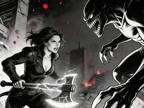 Fierce Battle Between Woman with Plasma Axe and Alien Creature