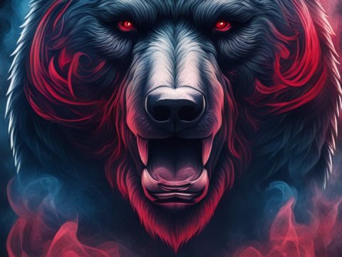 Fierce Bear with Red Rose and Mystical Smoke