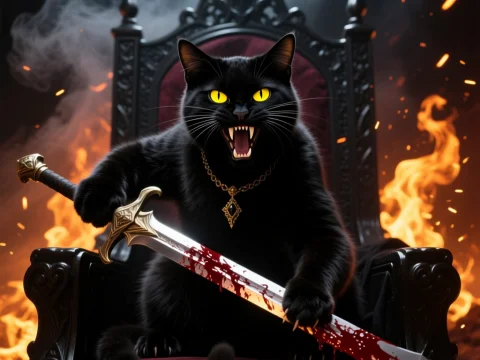 Fierce Black Cat Queen with Bloodied Sword on Throne
