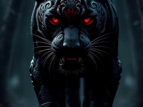 Fierce Black Jaguar with Glowing Red Eyes and Tribal Markings