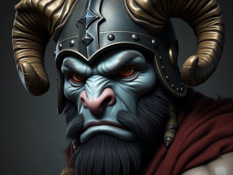 Fierce Blue-Skinned Warrior with Horned Helmet