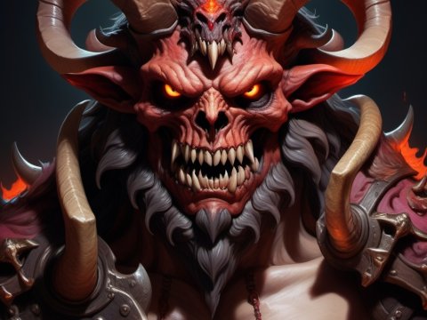 Fierce Demon Warrior with Glowing Eyes and Horned Skull Helmet
