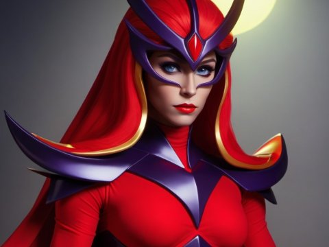 Fierce Female Warrior in Red and Purple Armor
