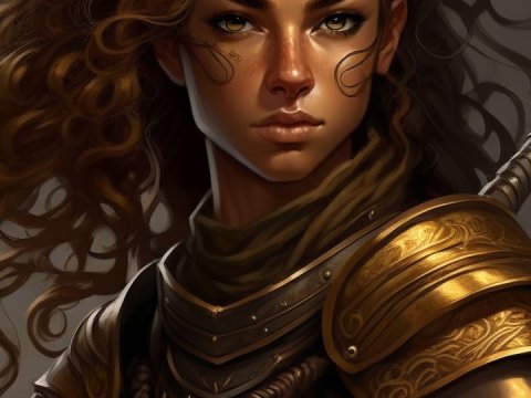 Fierce Female Warrior with Voluminous Mahogany Hair