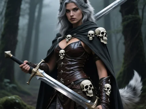 Fierce Female Warrior with Wolf Traits in Dark Forest