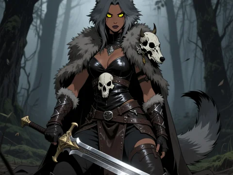 Fierce Female Wolf Warrior in Dark Forest