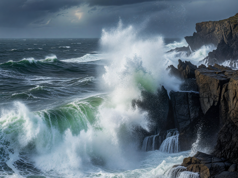 Fierce Ocean Waves Crashing Against Rocky Cliffs