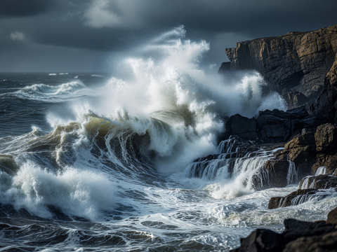 Fierce Ocean Waves Crashing Against Rocky Shore