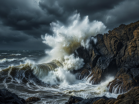 Fierce Ocean Waves Crashing Against Rocky Shore