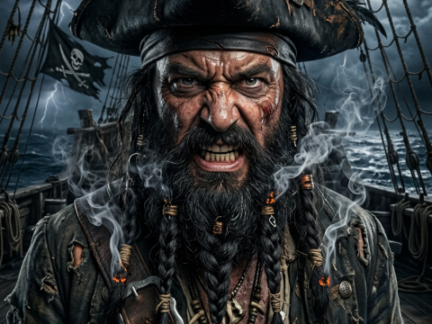 Fierce Pirate Blackbeard on Ship Deck
