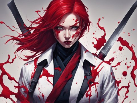 Fierce Red-Haired Warrior with Blood Splatter