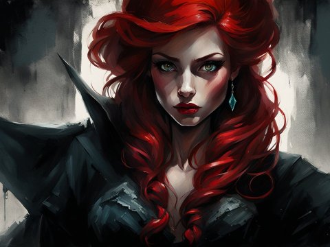 Fierce Red-Haired Woman in Dark Armor