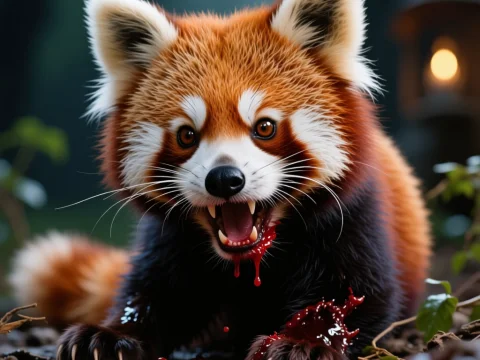 Fierce Red Panda with Bloodied Paws in Forest