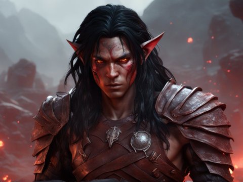 Fierce Red-Skinned Elf Warrior in Fiery Landscape