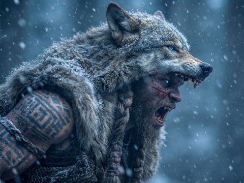 Fierce Viking Warrior Wearing Wolf Pelt in Snowstorm