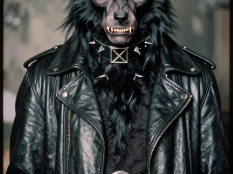 Fierce Werewolf in Leather with Occult Symbols