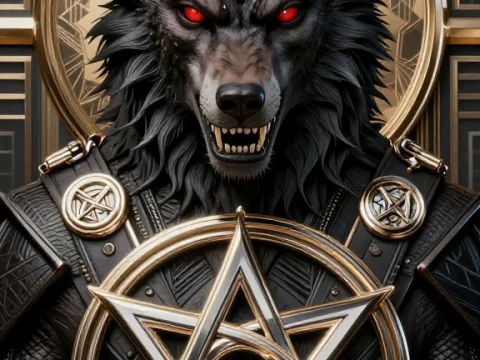 Fierce Werewolf Warrior with Glowing Red Eyes and Golden Pentagram Armor