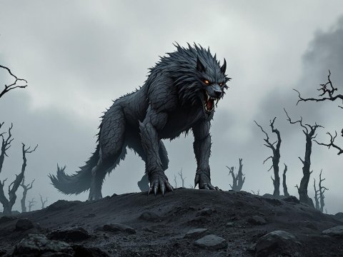 Fierce Wolfhound Creature in a Dark, Barren Landscape