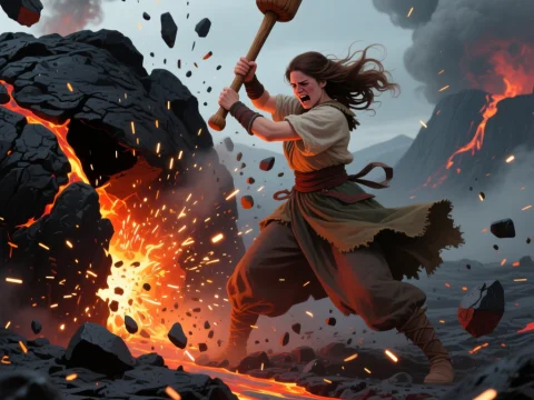 Fierce Woman Swinging a Giant Club Amidst Volcanic Eruption