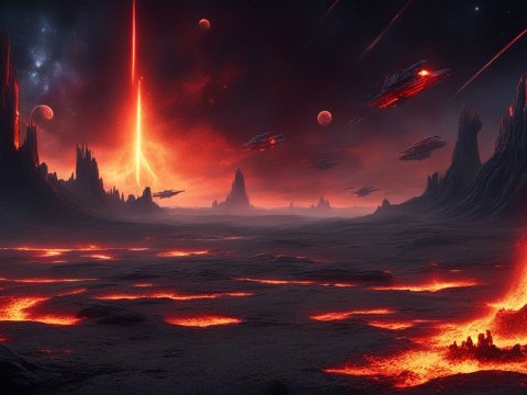 Fiery Alien Battlefield with Spaceships and Lava Eruptions