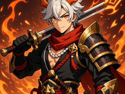 Fiery Anime Warrior with Sword and Horned Helmet
